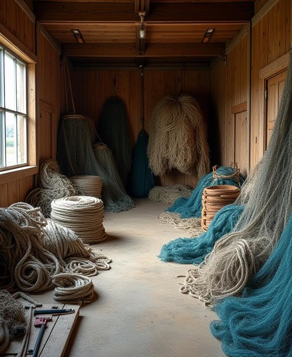 The Pelagic Pact workshop with coils of rope and partially woven nets.