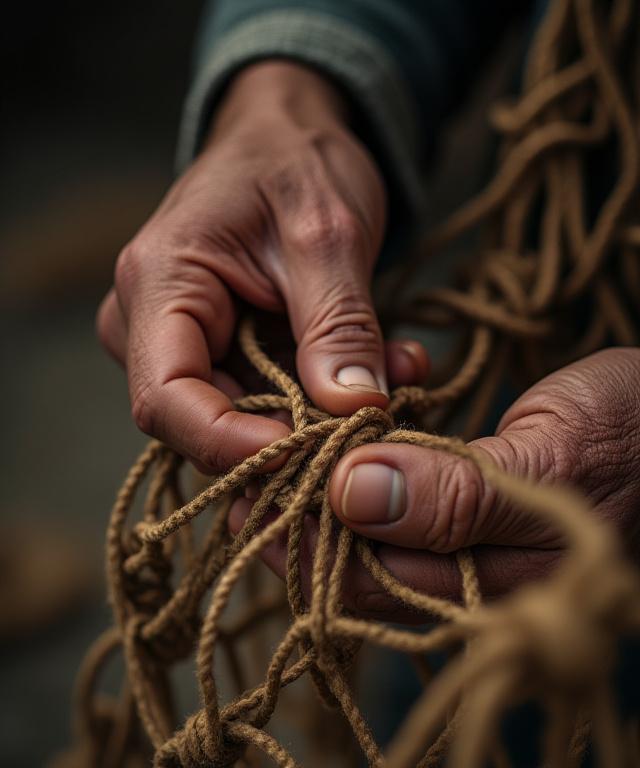 Close-up of an artisan's weathered hands skillfully weaving a complex net pattern.