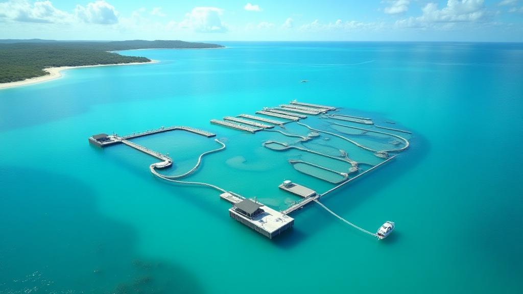 Aerial view of a modern, sustainable barramundi farm in a calm bay.