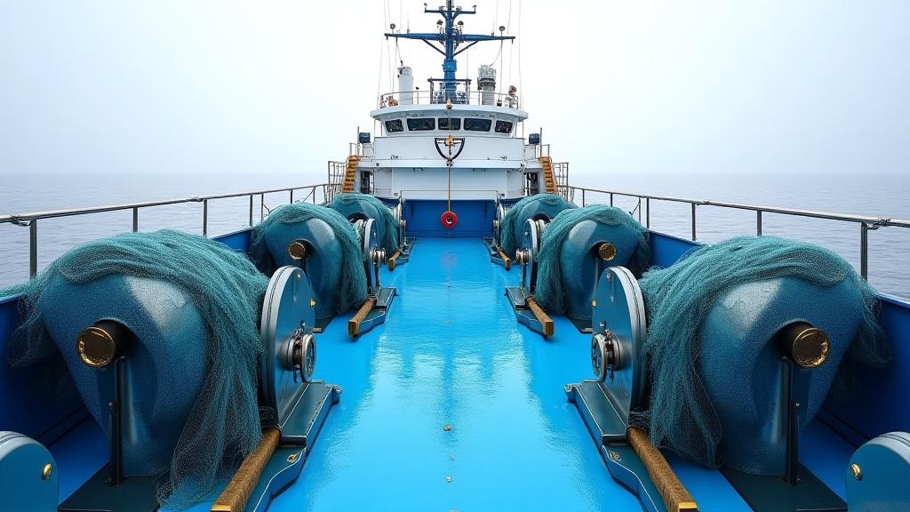The deck of the 'Ocean Guardian' trawler fully outfitted with new winches and nets.